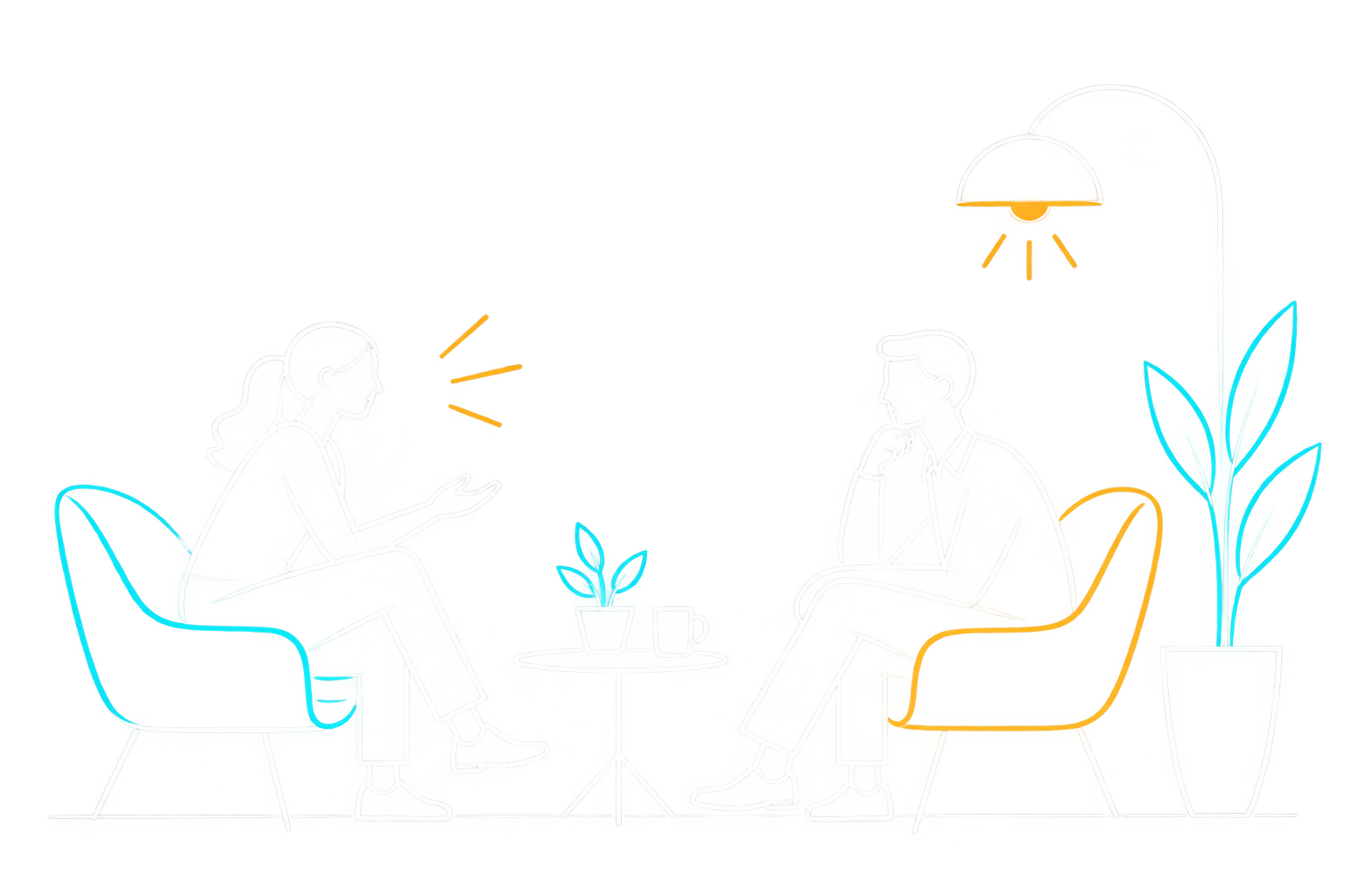 Two people in armchairs facing each other in a calm one-to-one coaching conversation