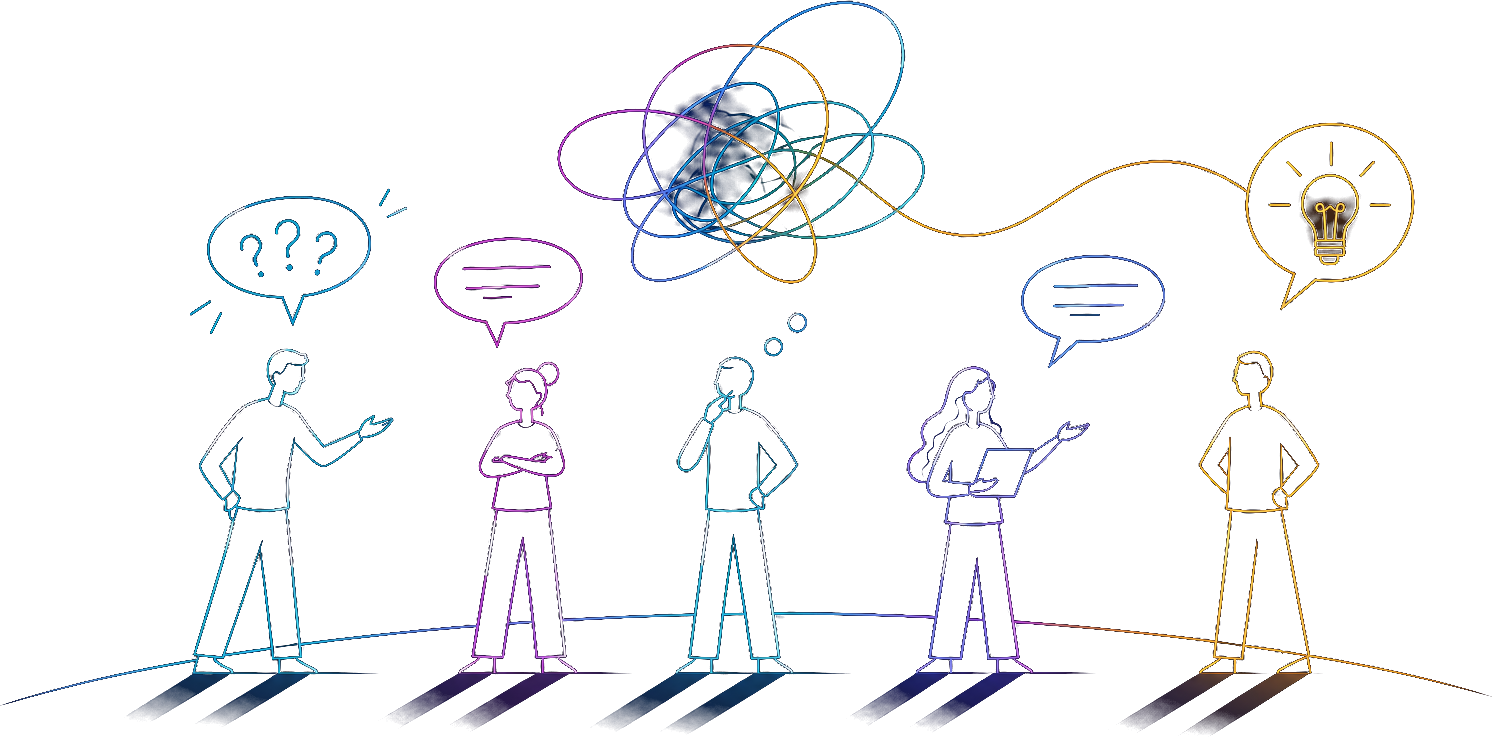 Five figures connected by speech bubbles, a tangled thought cloud, and a lightbulb turning ideas into action